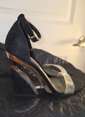 Fashion Nova Black Suede Heels with Clear Toe Strap